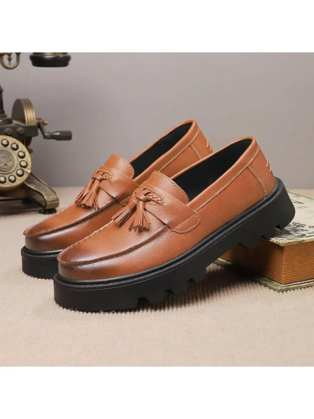 Men's Light Brown Patent Leather Loafers Chunky Heel Tassel Slip On Dress Shoes